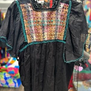 Embroidered Black Top with Colorful Accents